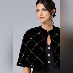 Cache Black Velvet Quilted Capelet with Embellishments - One Size
